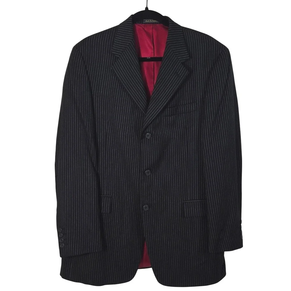 Vintage Tommy Hilfiger Mens Wool Pinstripe Blazer Jacket 40R Red Lining Black